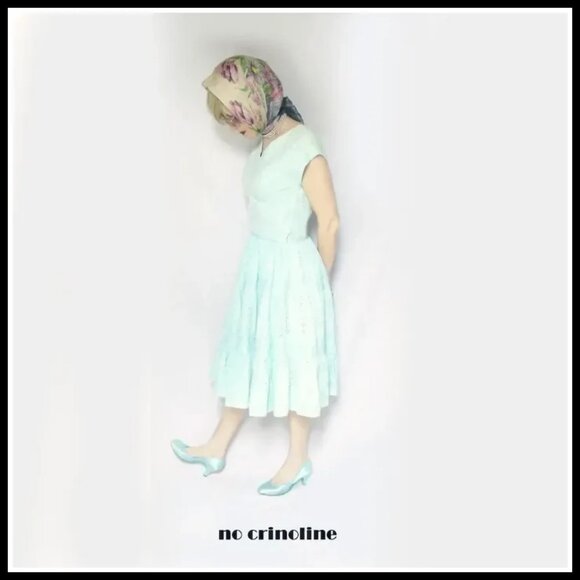 Vintage Rockabilly Dress Fit & Flare Aqua Cotton Eyelet 50s New Look VFG - Picture 3 of 16